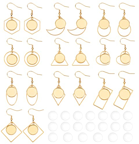 UNICRAFTALE 20 Juego de 10 Estilos de Pendientes Colgantes Dorados 304 Ganchos de Acero Inoxidable para Pendientes con Bandeja Redonda Plana Y Cabujones de Cristal Transparente Componentes