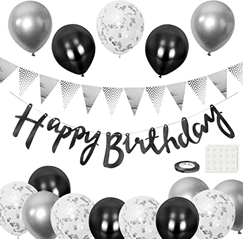 BEKOIUP Luftballons Geburtstag Dekoration, Schwarz Silber Happy Birthday Girlande deko Geburtstagsdeko Banner Party Deko Geburtstag Set mit Silber Luftballons Konfetti Ballons Dreiecksflaggen