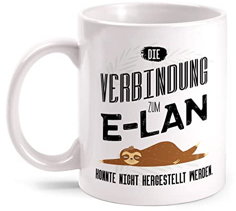 Fashionalarm Verbindung zum E-LAN Nicht hergestellt Tasse mit Spruch lustig Motiv - beidseitig Bedruckt | Geschenk-Idee für Faulenzer Faultier, Weiß 330ml