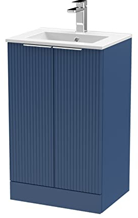Hudson Reed DFF323B Fluted Modern Bathroom Floor Standing 2 Door Vanity Basin Unit with Minimalist Ceramic Basin, 500mm, Satin Blue