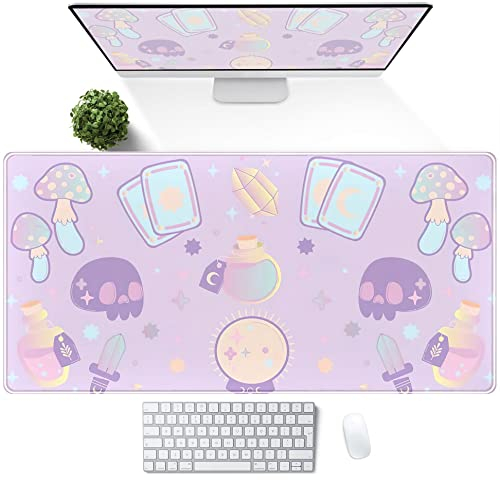 Kawaii lila Schreibtischmatte, niedliche Hexenelemente, Mauspad, Schreibtischunterlage, mystisches Gothic, XXL Gamig Schreibtischmatte, erweitertes Tastatur-Mauspad, Schreibtisch-Dekoration, 80x39 cm