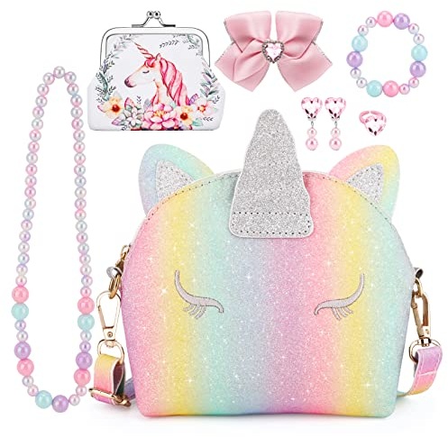 JYPS Unicorn Purse for Little Girls, 7Pcs Cute Crossbody Bags with Kids Dress Up Jewelry Set Pretend Play Accessories, Birthday Presents Gifts Toy for Girl, Toddler