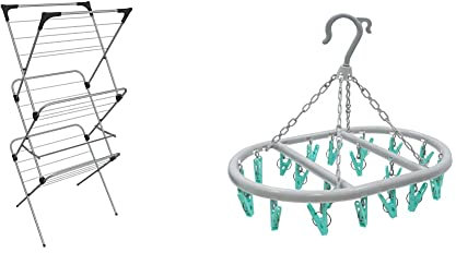 Vileda Sprint 3-Tier Clothes Airer, Indoor Clothes Drying Rack with 15 m Washing Line & JVL Oval Sock Dryer Complete with 20-Piece Clothes Pegs, Aqua, Grey, White, One Size, 19-293