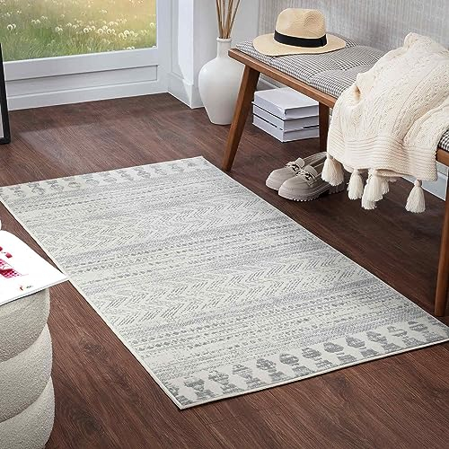 Livabliss Oslo Teppich Wohnzimmer Boho - Großer Schlafzimmer 80x150 cm - Für Esszimmer Mit Geometrischem Muster, Skandinavischer Modern in Weiß Und Grau