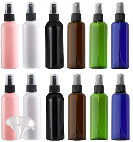 YANCAER 24 Pieces Mutli-Colors 100ml Empty Plastic Perfume Spray Bottles with Black Sprayer Refillable Atomiser Bottles with 4 Pieces Funnels for Cleaning Travel