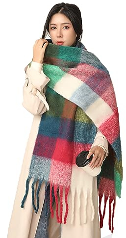 Damen Schal, Kariert übergroßer Winter SchaltuchKaro Schultertuch Plaid Deckenschal Modeschal Weich Warm Strickschal Oversized Herbstschal Warme Winter Stola mehrfarbig,Blau Rot