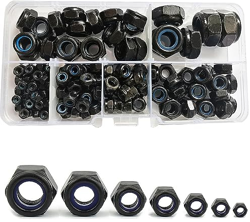 150 Stück Schwarz Sechskantmuttern M12/M10/M8/M6/M5/M4/M3 Sicherungsmuttern Kohlenstoffstahl Nylon Einsatz Gewindeeinsätze Sechskantmutter Selbstsichernde Muttern Stoppmutter (Schwarz)