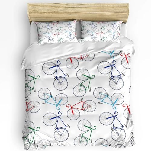 KLJFIGUT Bettwäsche 135x200 Fahrrad 3 Teilig Bettbezug mit Reißverschluss, Weiche Mikrofaser Bettwäsche-Sets für Kinder - 1 Bettbezüge und 2 Kissenbezug 80x80cm