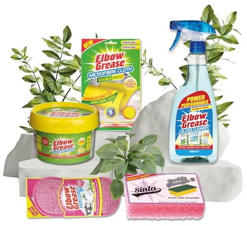 Elbow Grease Cleaning Paste Glass, Crockery & Surface Cleaner | Glass Cleaner, Cleaning Paste, Microfibre Cloth Double Sided, Pink Scrubbing Pad, Scourer | Home Cleaning Essentials