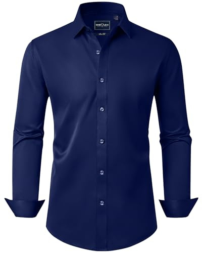 DEMEANOR Camisa de manga larga para hombre, camisa de negocios para hombre, corte ajustado, sin planchado, camisa informal para hombre, azul marino, L