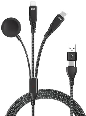 Câble de Charge pour i-Watch et 8-Pin, USB A/C, 100W - Chargeur Multi 5 en 1 - USB A ou USB C (Type-C) vers USB-C/sans Fil (i-Watch)/8-Pin Light-ning Compatible Apple
