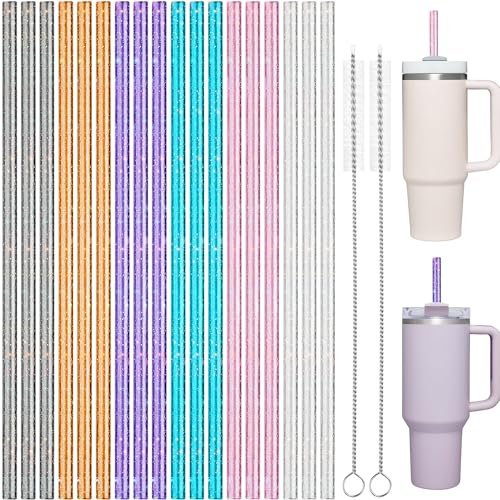 NiHome 18 Glitzer Plastikstrohhalme für Stanley 40oz Tumbler, wiederverwendbar mit 2 Reinigungsbürsten - Langlebiges PETG, BPA-frei, kompatibel mit Stanley 20/30/40 oz