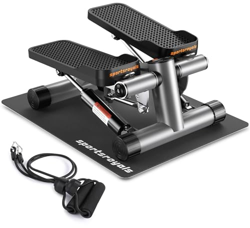 Sportsroyals Treppenstepper für Übungen, Mini-Stepper mit Widerstandsband, hydraulischer Fitness-Stepper für Heimtraining, Ganzkörpertraining, 150 kg Tragkraft (SILBER02)