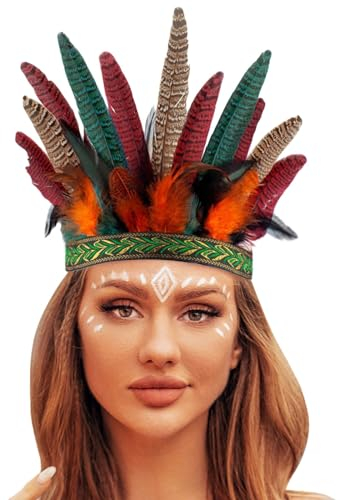 Indische Feder Stirnband Tribal Federn Krone Kopfschmuck Karneval Fascinator Indianer Kopfschmuck Pfauenfedern Festival Kostüm Haarschmuck für Frauen und Mädchen Pfau Kopfschmuck Damen/Herren