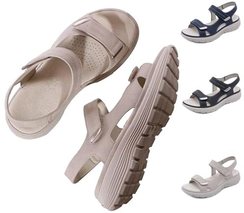 Chaussure orthopédique femme pied large avec scratch ete, Sandales compensées femme été confortable Bout Ouvert Sandales de Plage Vacances Sandales Plats Confortables(Size:EU 42,Color:Apricot)