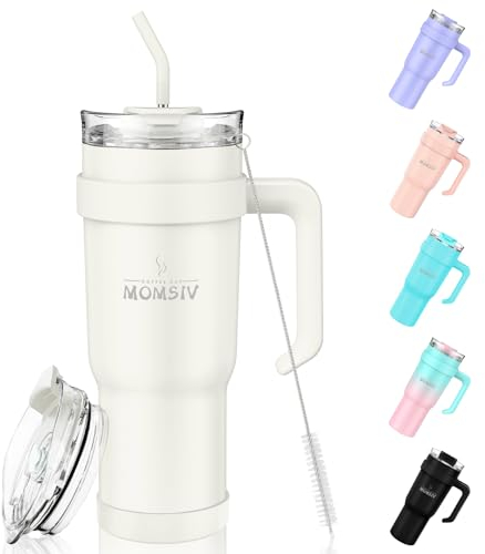 MOMSIV Vaso de 40 onzas con asa y popote, gran capacidad, 1100 ml, acero inoxidable, a prueba de fugas, taza de café aislada al vacío, botella de agua para bebidas heladas calientes y frías, beige