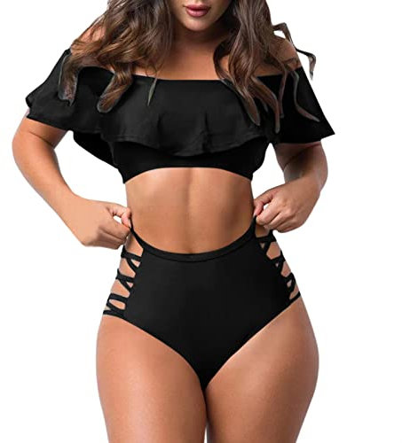 KBOPLEMQ Women's Bikini Set Push Up Bikini High Waist Ruffle Sleeves Two Piece Off Shoulder Top Swimsuit Large Sizes Tummy Control Bikini Set Two Piece Swimwear Ruffle Swimsuit, O Black, S