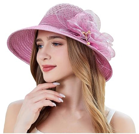Generisch Sombrero de paja para primavera, verano, protección solar, sombrero de flores, temperamento, vestido de boda, sombrero de organza de gama ancha, cinta de flores para playa, protección solar,