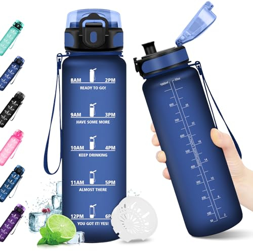 KollyKolla Wasserflasche Kohlensäure Geeignet, Trinkflasche Sport 1 Liter, Trinkflasche mit Zeitmarkierungen, BPA-Frei, Auslaufsicher, für Sport, Kinder, Erwachsener, Büro, Fitness, Yoga, Uni, Gym