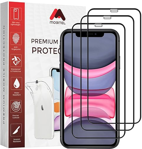 Mobitel 3-Pack Tempered Full Coverage Glass Screen Protector 9H Hardness Anti-Bubble Anti-Scratch Case Friendly Easy Installation HD Clear (iPhone XR/iPhone 11)
