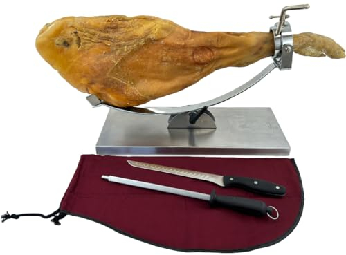 NERTHUS FIJ 1450 Support à jambon Support à jambon basculant et tête rotative en acier inoxydable + Couverture de jambon bordeaux + Aiguiseur manuel + Couteau à jambon