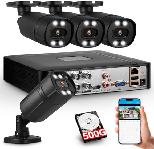 8 Channel Security CCTV Camera System with Human Detection, Security Camera Home Surveillance System H.265+ DVR with 500G Hard Drive and 4x 1080P Home Security Cameras, Mobile APP & PC Remote