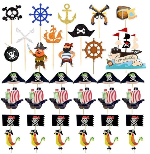 QFEHTHSK 37 Stück Piraten-Themen-Kuchenaufsatz, Happy Birthday-Kuchenaufsatz, Cupcake-Aufsatz, Piraten-Muffinaufsatz Für Geburtstage, Mottopartys, Kostümpartys