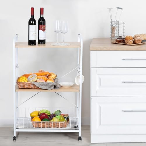 diowewea Desserte à 3 Niveaux, desserte Cuisine, desserte à roulettes, Cadre métallique, placage Bois, Chariot Micro-Ondes, Blanc