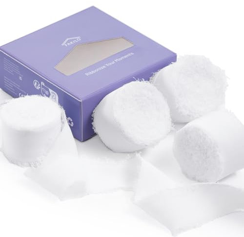 FAKILO Chiffonband mit ausgefranstem Rand, weißes Band, 4 Rollen, 2,5 cm x 4,5 m, für Hochzeitseinladungen, Brautsträuße, Geschenkverpackungen, Bastelarbeiten