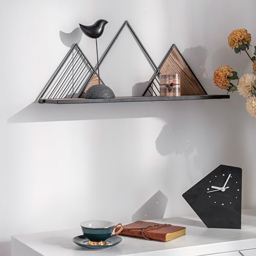 K&L Wall Art Holz Wandregal Metall Hängeregal Natur Holzoptik Vintage Metallregal schwarz für Wohnzimmer (geometrische Berge)