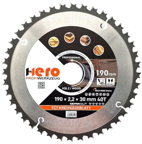 HERO Kreissägeblatt Hartmetall Sägeblatt TCT Ersatzsägeblatt Sägeblätter Kreissäge Holz/ALU Kreissägeblätter Tischkreissäge, Kappsäge (Für Holz/Nagelfest, Ø 190 x 30/20mm, 40T Nagelfest)