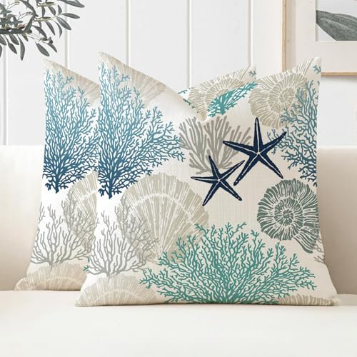 Miuyunya 2er Set wasserdichte Kissenbezüge Outdoor 30x50 cm Maritim Seestern Kissenbezüge Wetterfest Sommer Polster Kissenhülle Ozean Strand Dekorative Zierkissenbezüge für Sofa Wohnzimmer Frühling