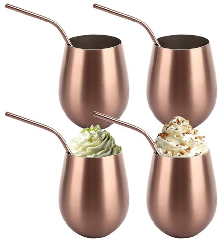 LDXDRU 4 Pack 500ml / 17oz Stainless Steel Wine Glasses, Stemless Cocktail Tumblers with Straws, Metal Drinking Cups Shatterproof Wine Tumblers for Party Festival Camping Bar Home Travel