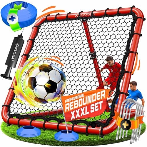 KESSER® Fußball Rebounder 100x100 cm | Verstellbares Trainingsnetz | Pass- und Schusstraining | inkl. Luftpumpe, 6 Markierungshütchen & 4 Widerstandshaken | für Handball, Volleyball | Prellwand