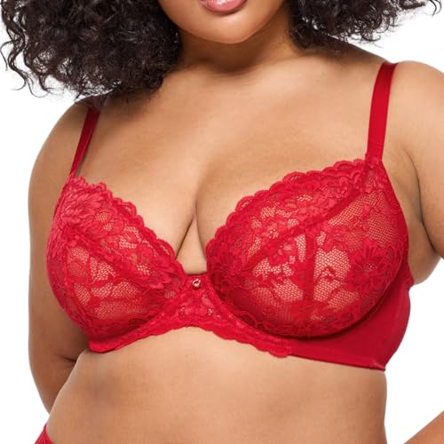 Ann Summers Valentines Sexy Lace Fuller Bust Non Padded Plunge Bra, A-D Cup, Curve-Enhancing Womens Underwear with Underwire Support, Sheer Lace Cups & Power Mesh Wings - Womens Lingerie