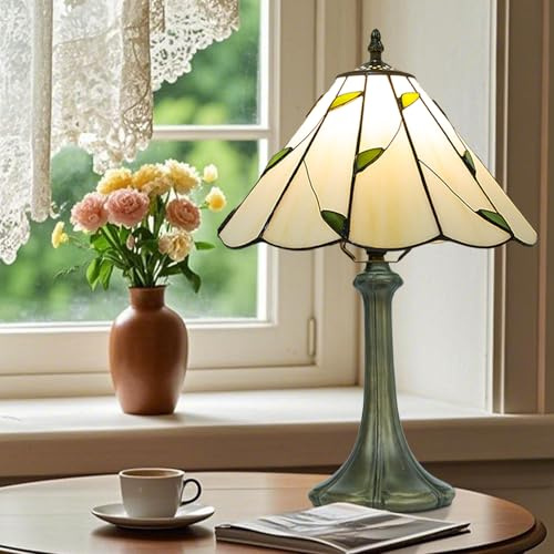 Ppbmocw Tiffany Style Lamp,Umbrella,Remote Brightness&Temp Control,12 inch | Stained Glass Table Lamp For Bedside,Living Room,Bedroom,Reading,Traditional Light,Vintage Art Deco Lamps,White With Leaf