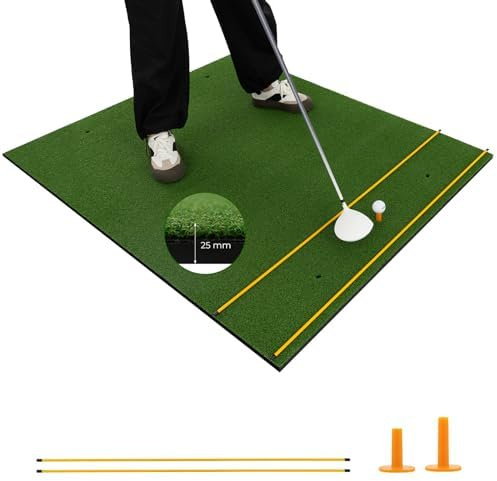 FANTASK Golf Abschlagmatte, Golf Übungsmatte inkl. 2 Gummi-Tees und 2 Ausrichtungsstäbe, Golfmatte mit 6 Abschlagpositionen (152 x 117cm, 25mm), Grün