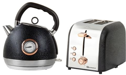 Bargain Shack Stainless Steel 2200W 1.8L Rapid Boil Electric Kettle & 2 Slice Wide Slot Toaster 900W with 6 Browning Controls 2Pcs Matching Kitchen Sets (Black)