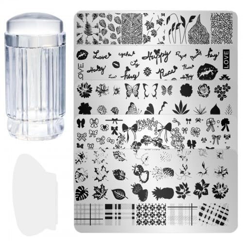 Nagelstempel-Set für DIY Maniküre – 7-teilig mit Nagelstamping-Schablonen aus Edelstahl, Silikon-Nagelstempel, Schaber & Zubehör – Perfekt für Nägel: Präzise Muster, Blumen & Tierdesigns