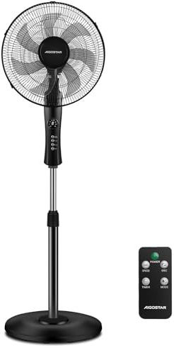 Aigostar Dave - Standventilator mit Fernbedienung, Leise 16dB, 7-Flügel für hohe Luftzirkulation, Ventilator mit 3 Modi, 3 Stufen, 80° Oszillation, Höhenverstellbar bis 133 cm, 50W, Schwarz