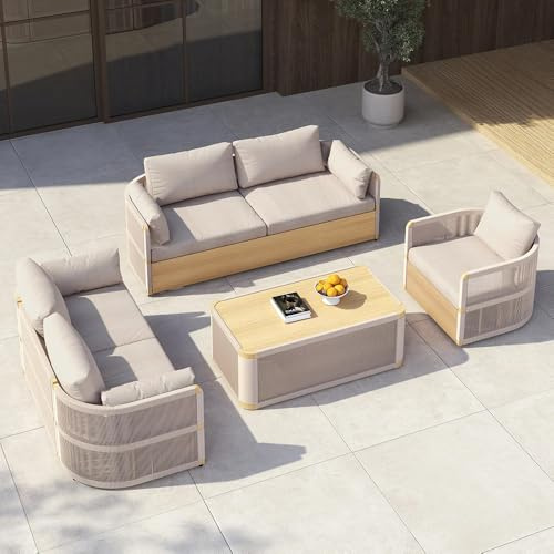 Homary 4-teiliges Outdoor-Sofa-Set, modernes drehbares Sofa-Set aus Aluminium und Seil für den Außenbereich, Terrassen-Sitzgruppe mit Couchtisch für 6 Personen, geeignet für Gärten