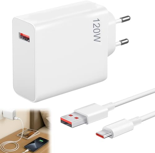 Huybaa Cargador Rápida USB C 120W Xiaomi, Cargador rápido 120W Turbo con 6A 2m USB C Cable, Carga Adaptador Hyper Charger para Poco F6 F5 F4 GT 5G X6 X5 M5 Redmi Pad