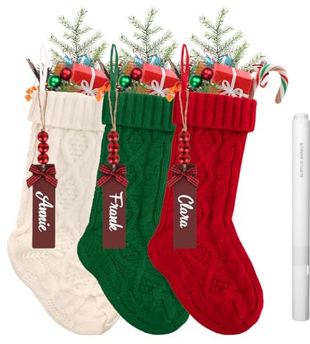 QBEJIME 3pcs Personalised Christmas Stockings, 18 Inch Large Knit Christmas Stocking, Hanging Xmas Stockings Decorations With Name Tags Marker Pen For Family Holiday Xmas Party (White& Red &Green)