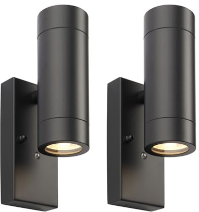 firstchoicelighting Set of 2 Black Outdoor Security Up Down Wall Lights, Dusk til Dawn Photocell Sensor, IP44 Rated, LED Compatible