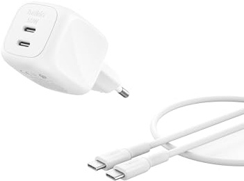 Belkin SmartProtect 2 Port USB C Ladegerät, 50W, GaN-Ladegerät mit 2 Anschlüssen, 1 m USB-C-Kabel, Schnellladen für MacBook, iPhone 17, iPad Pro, Chromebook, Galaxy S25 Ultra, Pixel 10 usw. – Weiß