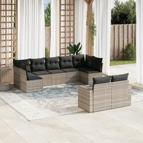 Teenpull 9-TLG. Garten-Sofagarnitur mit Kissen Hellgrau, Poly Rattan Lounge Set, Modular Outdoor Wohnlandschaft mit Stauraum, UV-beständig, wetterfest