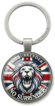 British No Surrender Keyring, Patriotic Lion Design with Union Jack Flag