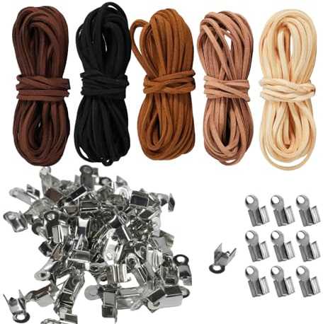 5 PCS Cordon en Cuir Plat, 5 m x 3 mm pour Chaînes avec 100 Extrémités de Cordon, 5 Couleurs, Lanières en Cuir pour Bricolage, Bracelet, Collier, Bricolage