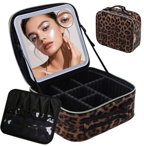 Travel Makeup Bag with 10X Magnifying Mirror, Large Capacity Cosmetic Organizer Vanity Travel Storage Case with Adjustable Compartments for Long Brushes & Palettes,3-Color Setting (Leopard Print)