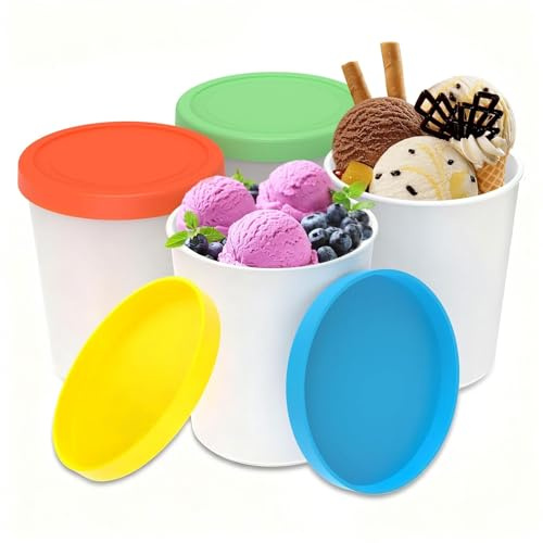 Houbobo 4 Pack Ice Cream Containers, Reusable 1L Ice Cream Tubs with Lids | Ice Cream Storage Containers Tubs, IceCream Tubs for Homemade Ice Cream, Freezer, Dishwasher Safe